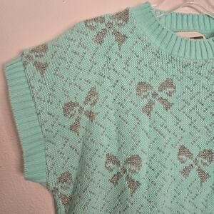 Vintage 80's Bow Print Knit Sweater Vest Pastel Blue Silver Metallic Layer Girly